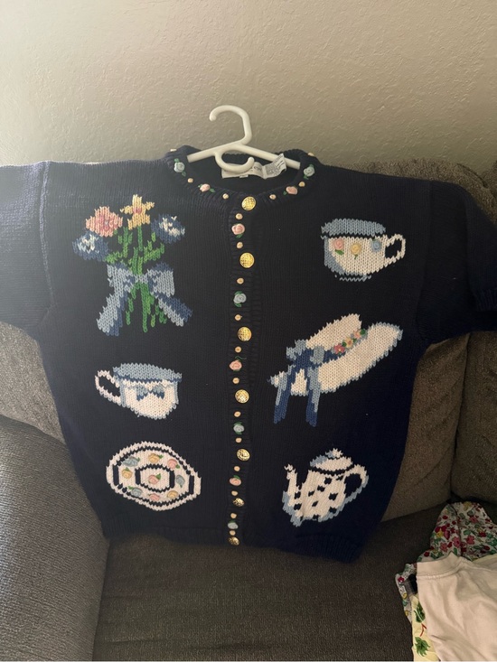 Kong Jackets & Blazers - Navy Floral & Teacup Knit Cardigan Sweater